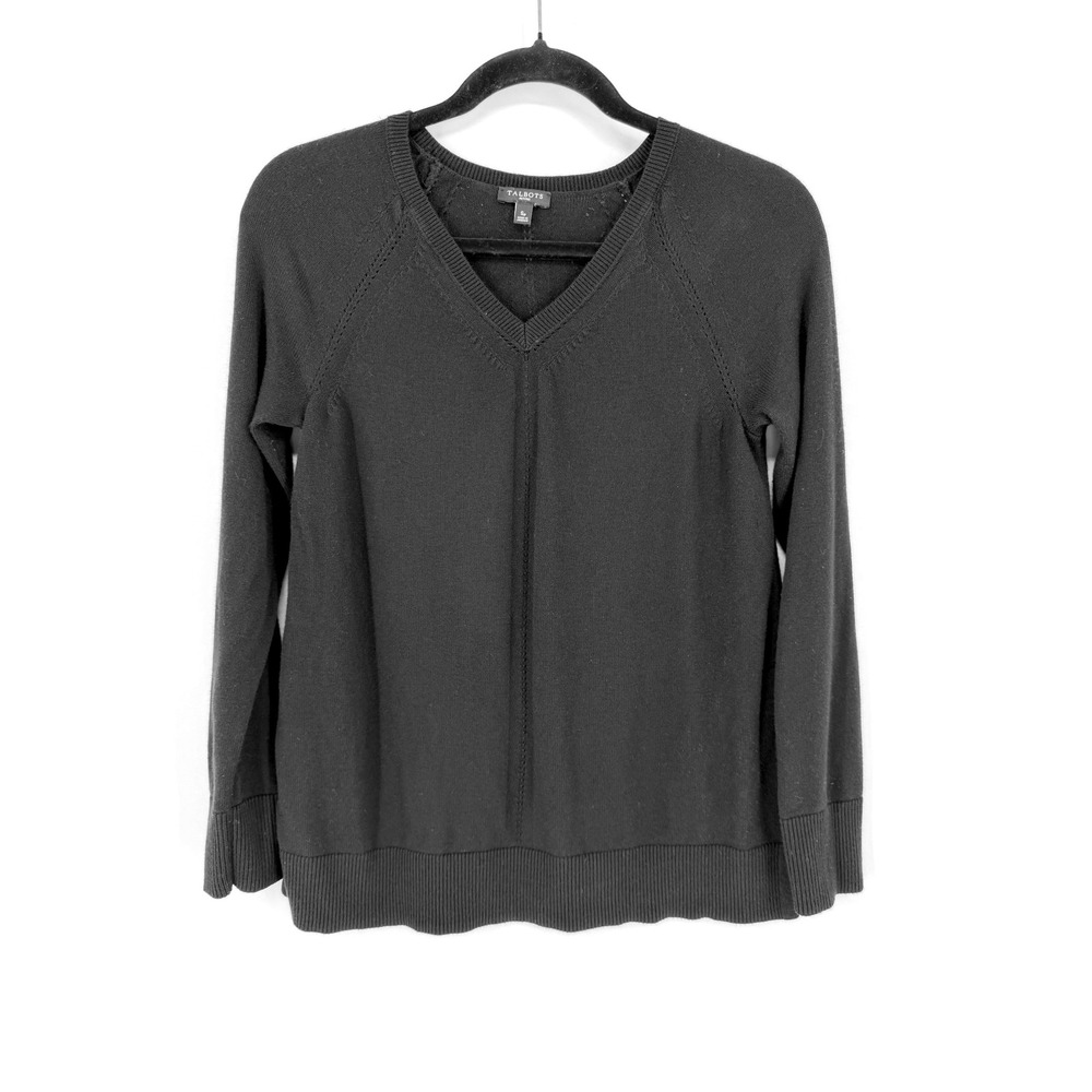 Talbots Sweater V-Neck Pointelle Knit SP Black Long Sleeve Cotton Blend Pullover